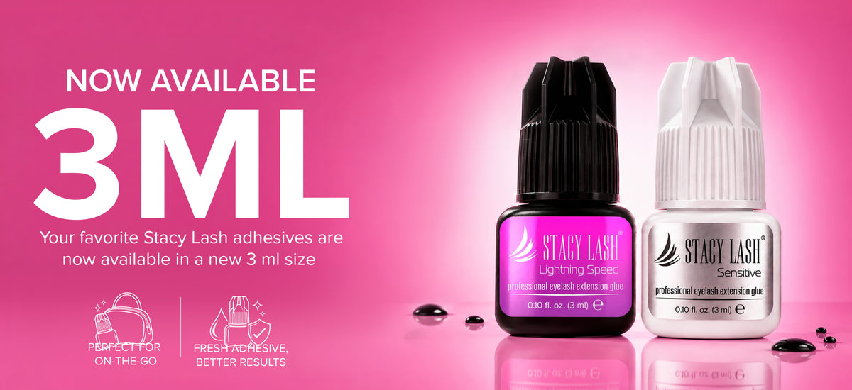 Two small eyelash adhesive bottles on a bright pink background. The left bottle is black with a black cap and a magenta label reading 'STACY LASH Lightning Speed'; the right bottle is white with a white cap and a white label reading 'STACY LASH Sealer'.