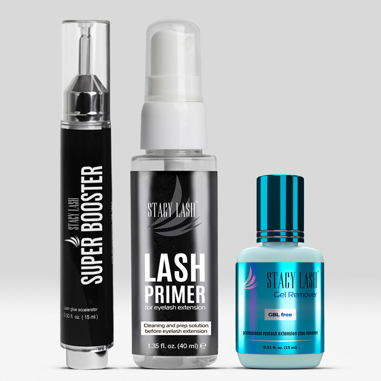 Stacy Lash Bundle: Primer 40ml & Gel Remover 15ml/0.51 fl.oz & Booster 0.50 fl.oz./15 ml