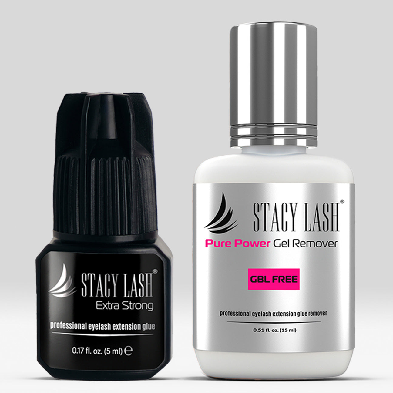 Stacy Lash Bundle: Extra Strong Eyelash Extension Glue 5ml & Pure Power Gel Remover 15 ml