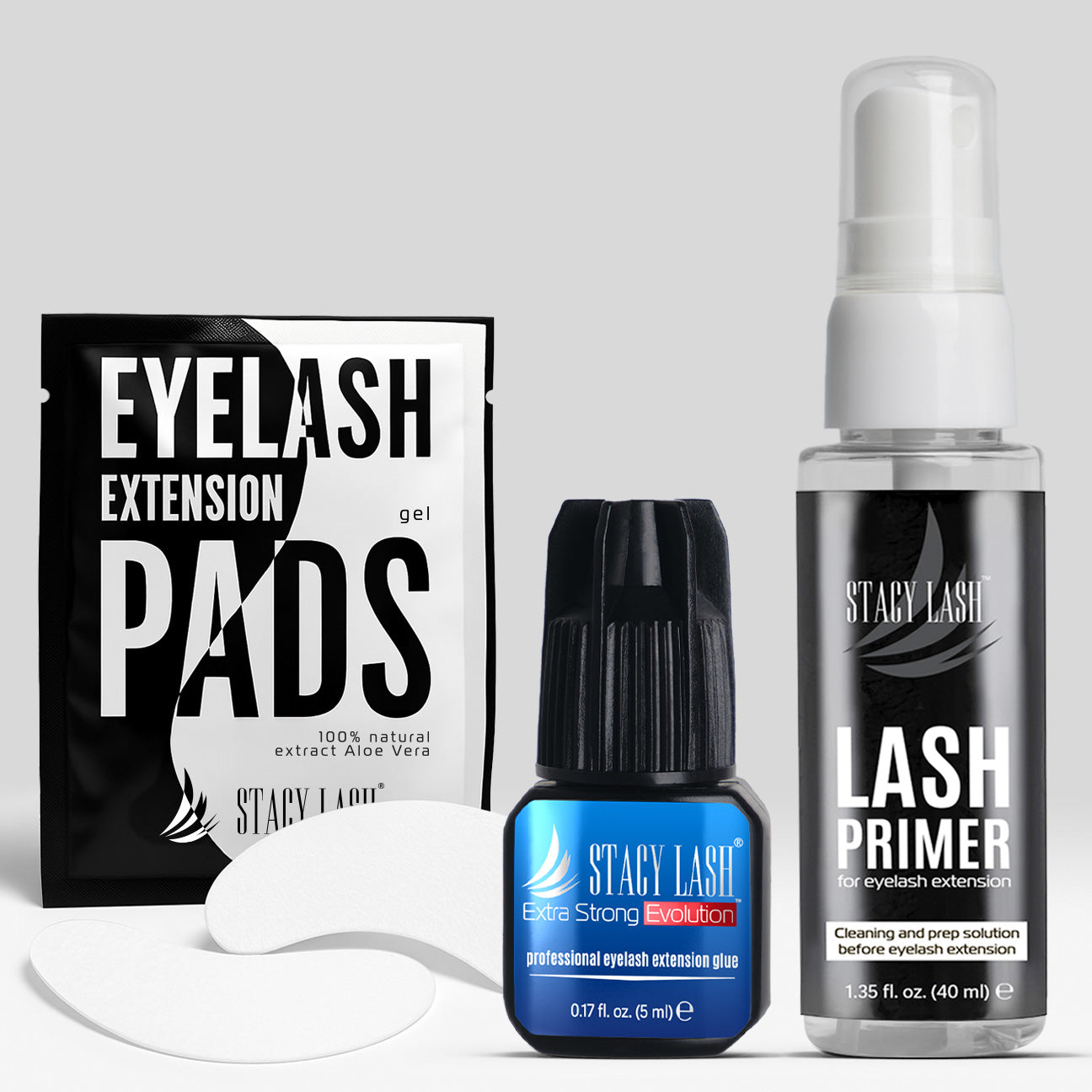 Stacy Lash Bundle: Extra Strong Evolution 5ml & Primer 40ml & 100 Pairs Set Under Eye Gel Pads