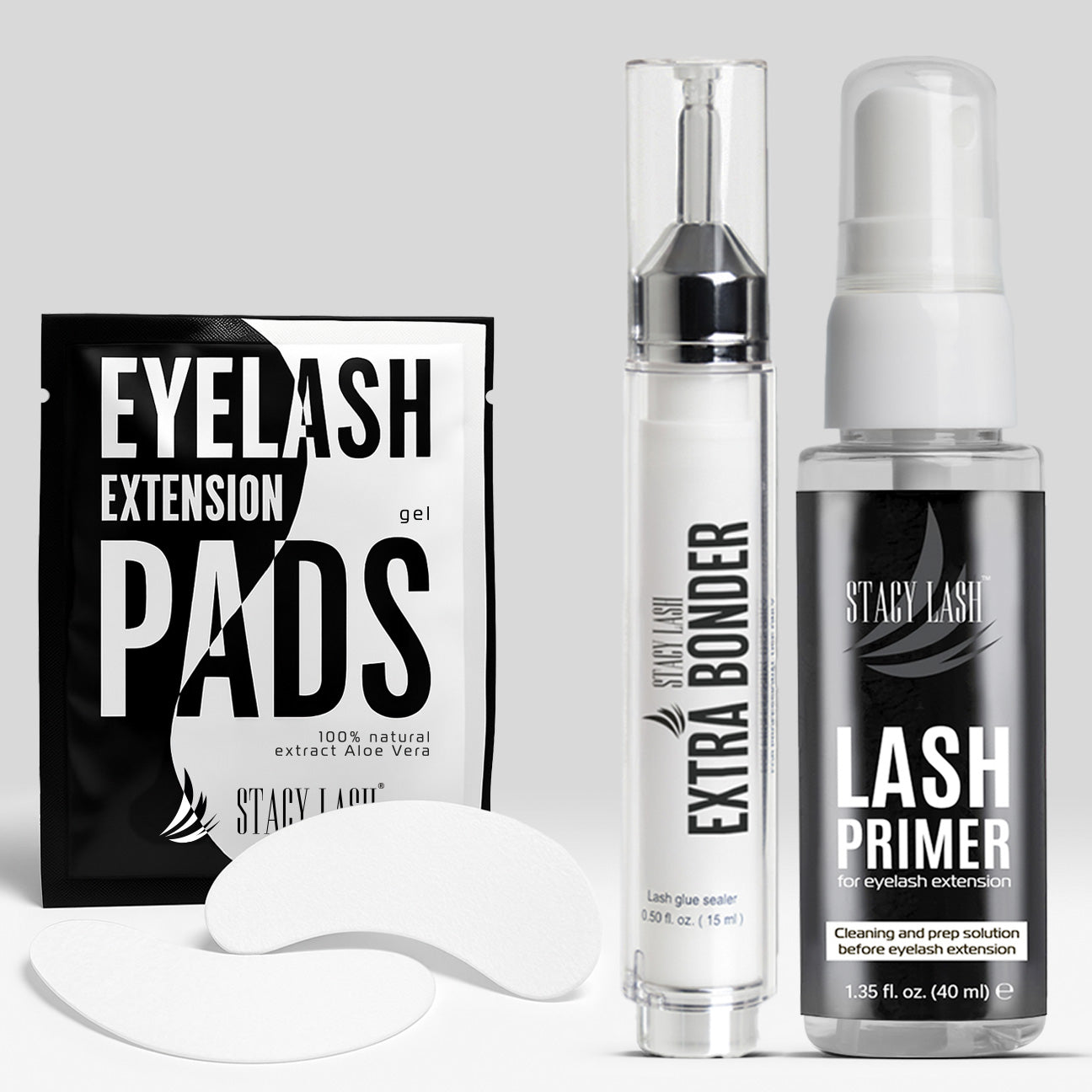 Stacy Lash Bundle: Extra Bonder 0.50 fl. oz. /15ml & Primer 40ml & 100 Pairs Set Under Eye Gel Pads