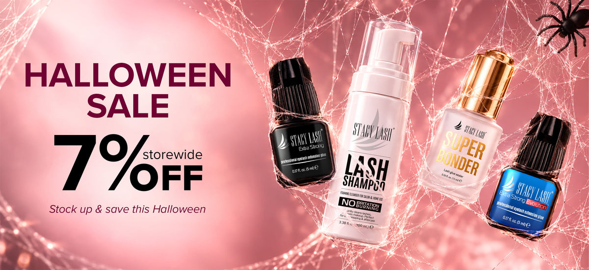 Halloween sale banner featuring Stacy Lash eyelash extension glue, lash shampoo, Super Bonder, and Evolution adhesive, with spiderwebs and a spider. Wholesale offer: 7% off storewide.