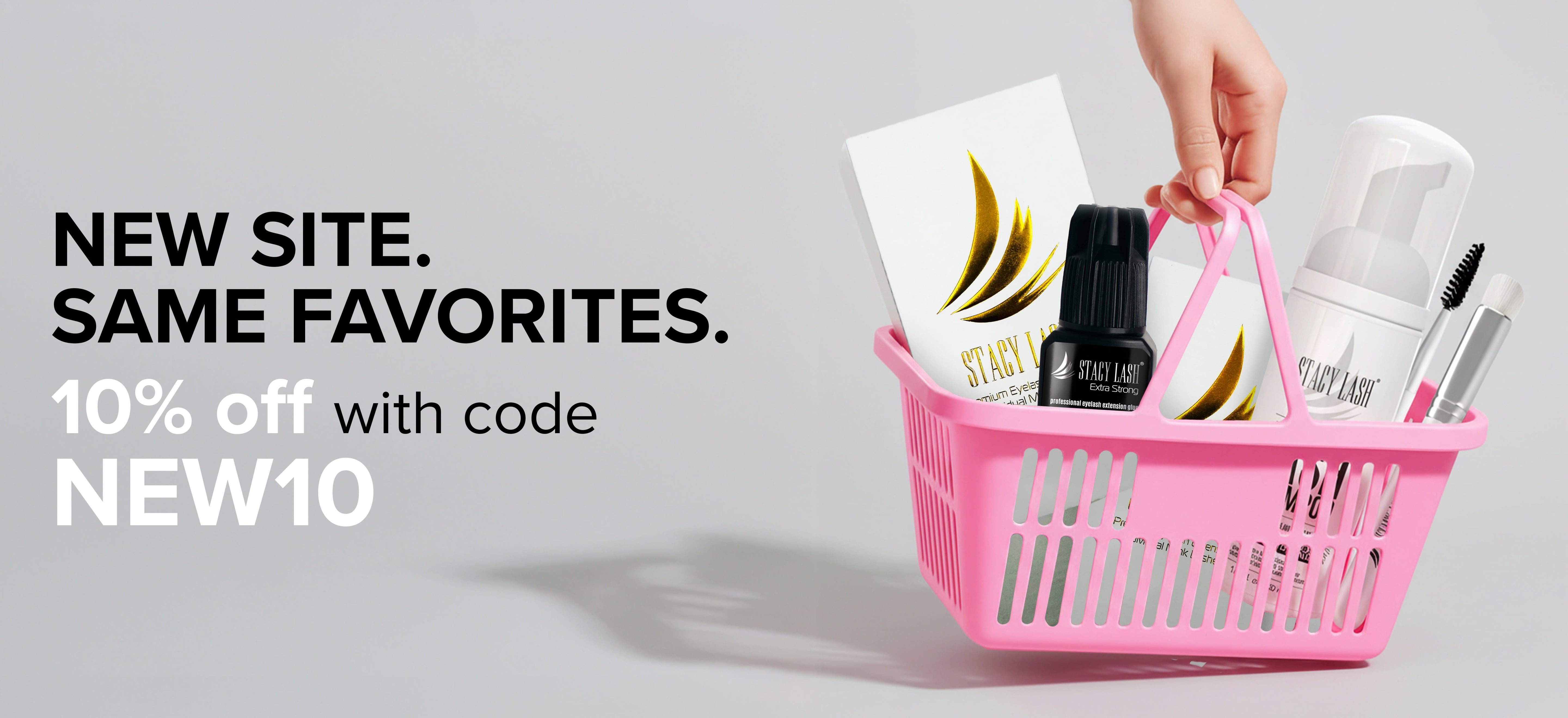 Pink shopping basket with cosmetic products and a hand holding it, on a light gray background with promotional text. New site. Same favorites. 10% off with cod NEW10